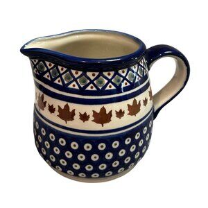 Bolesławiec Handmade Polish Pottery 5.5" Blue & White Pitcher  Maple Leaf Design